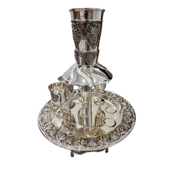 Silver Plated Wine Fountain Kiddush Cup Set Grape Design Religious Gift - Picture 1 of 16